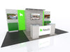White reception desk with green gray panels and Houzz logo on 10x20 Eco-Modular Backlit TV Exhibit Kit