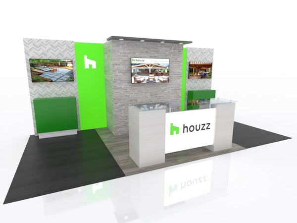 White reception desk with green gray panels and Houzz logo on 10x20 Eco-Modular Backlit TV Exhibit Kit