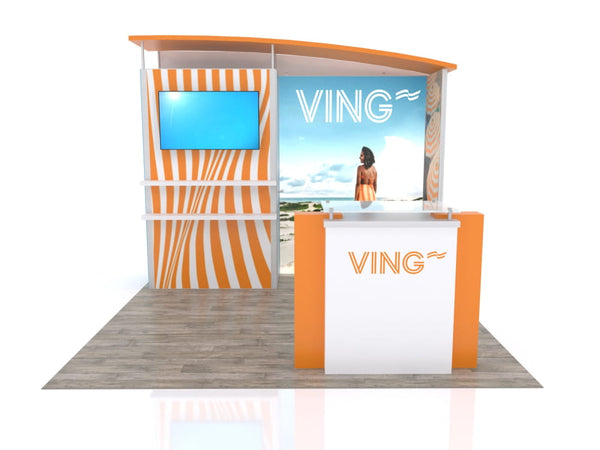 10x20 Eco-Modular Backlit Shelving TV Exhibit Kit with ving branding