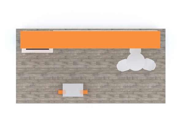 Orange rectangular desk with white cloud shelf in 10x20 Eco-Modular Backlit TV Exhibit Kit