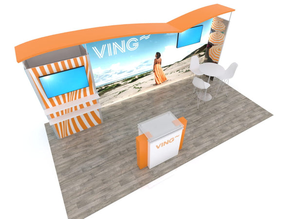 Orange white striped 10x20 eco-modular booth with ving screens on beach backdrop