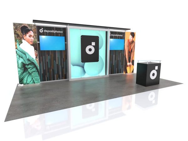 Black 10x20 Eco-Modular Backlit TV Booth with White Logo and Teal Panels