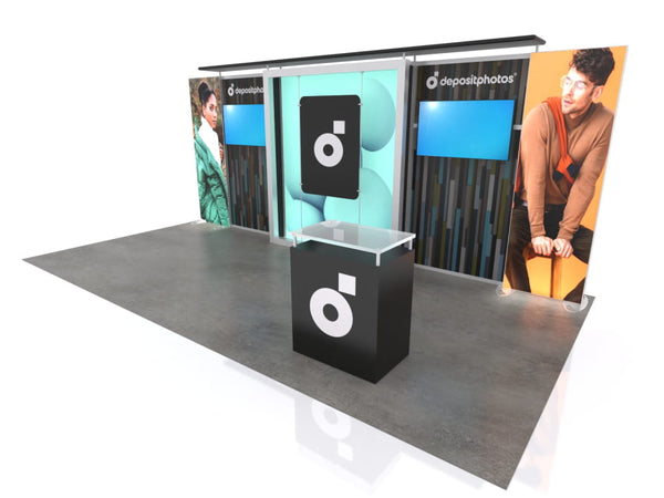 Black glossy display booth with white logo for 10x20 Eco-Modular Backlit TV Exhibit Kit 06