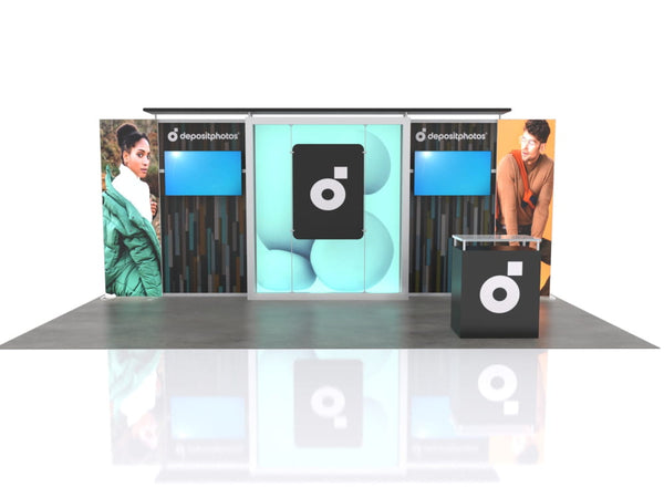 10x20 Eco-Modular Backlit TV Exhibit Kit 06 black booth with white logo