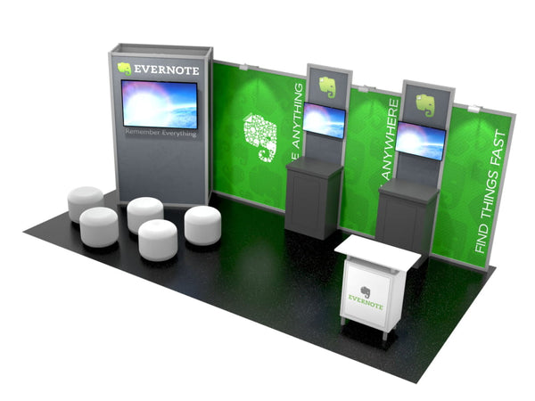 Green and gray Evernote 10x20 eco-modular booth with TV displays
