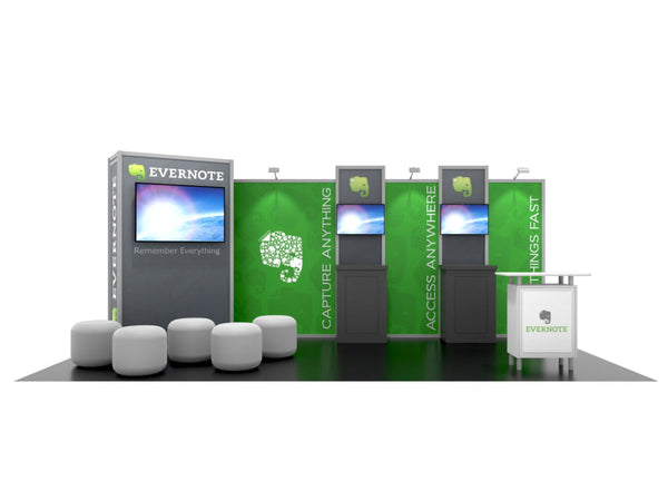 Green and gray Evernote 10x20 Eco-Modular TV Exhibit Kit booth with digital displays