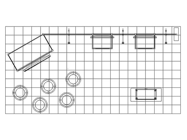 Black line drawing of 10x20 Eco-Modular TV Exhibit Kit kitchen layout on grid paper