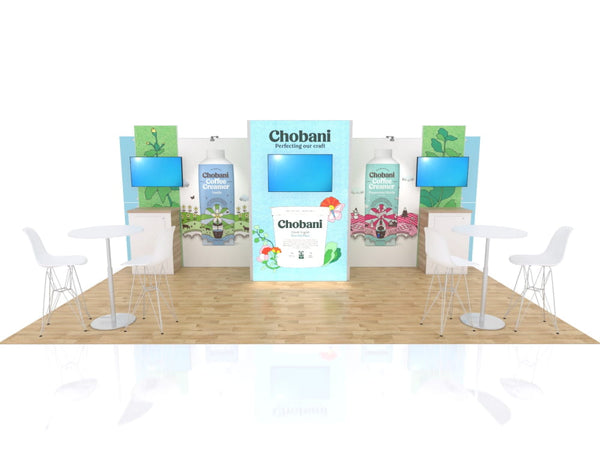 Chobani booth in 10x20 Eco-Modular Backlit TV Exhibit Kit with blue-green displays