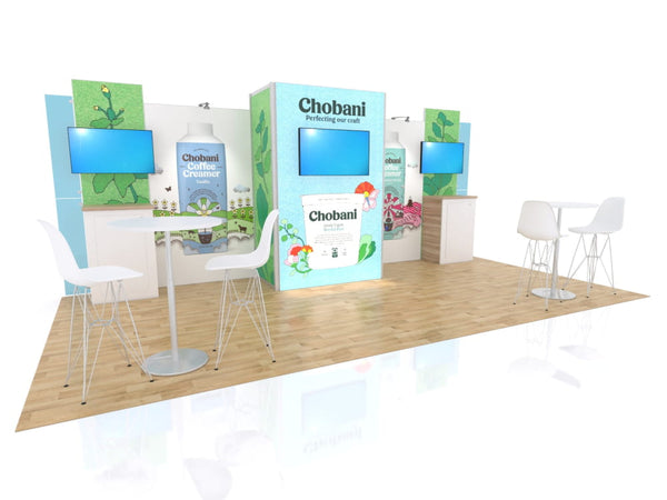 Light blue Chobani booth with green botanical graphics and white chairs