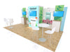 Light blue Chobani booth with green leafy graphics and white furniture in 10x20 Eco-Modular Backlit TV Exhibit Kit