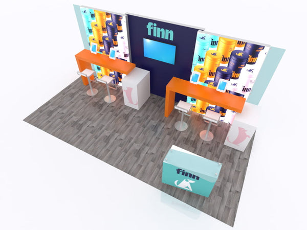 Finn logo on blue back wall of 10x20 Eco-Modular Backlit TV Exhibit Kit