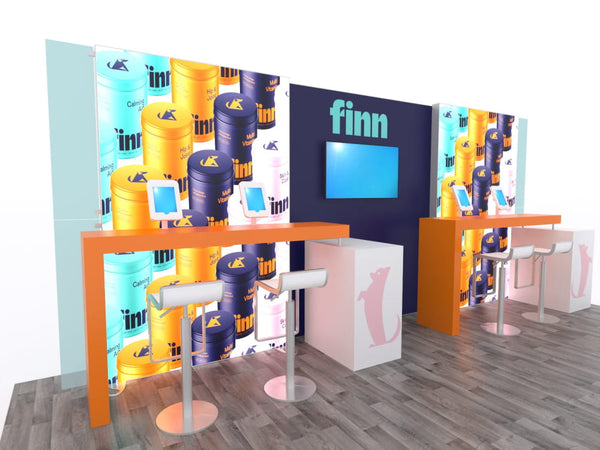 10x20 Eco-Modular Backlit TV Exhibit Kit with orange bar, white stools, and colorful cylindrical containers