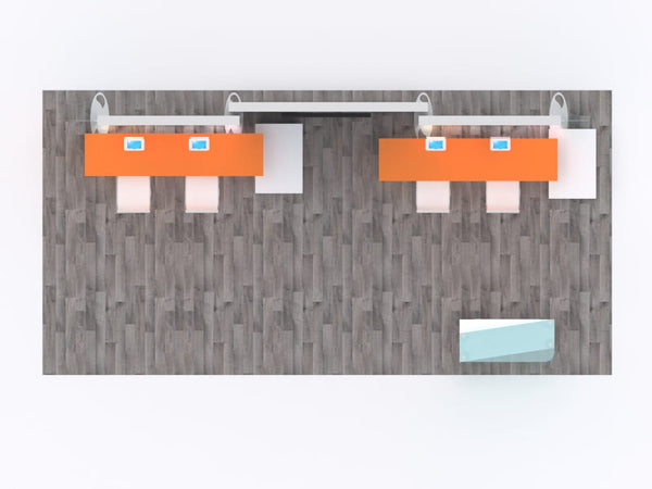 Orange reception desks with white accents and blue screens in 10x20 Eco-Modular Backlit TV Exhibit Kit 12