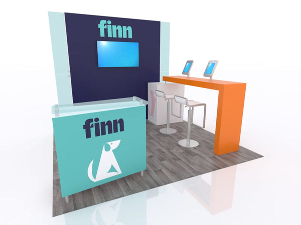 Teal 10x20 Eco-Modular Backlit TV Exhibit Kit with Finn white dog logo