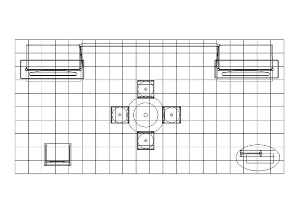Black-and-white 10x20 Eco-Modular TV exhibit floor plan with grid and furniture
