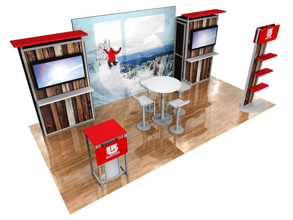 Red wood-textured Burton 10x20 backlit TV exhibit kit with screens and furniture