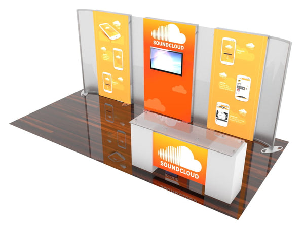 Orange white SoundCloud 10x20 backlit TV booth with smartphone panels