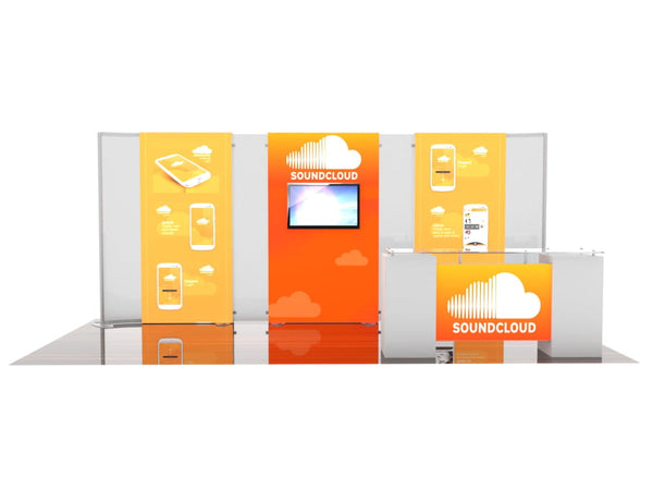 Orange and white SoundCloud booth with cloud graphics in 10x20 Eco-Modular Backlit TV Exhibit Kit