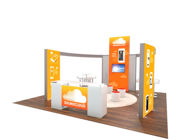 Orange white SoundCloud booth with curved panels digital displays signage