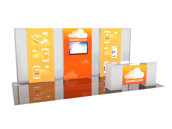 Orange white SoundCloud booth with acrylic panels and central screen