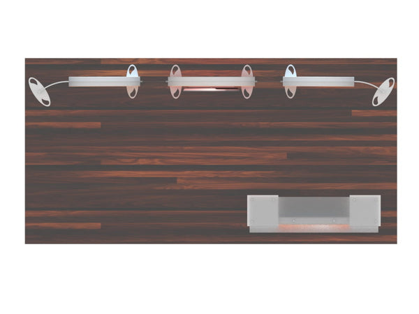 Three modern silver wall lights in 10x20 Eco-Modular Backlit TV Exhibit Kit