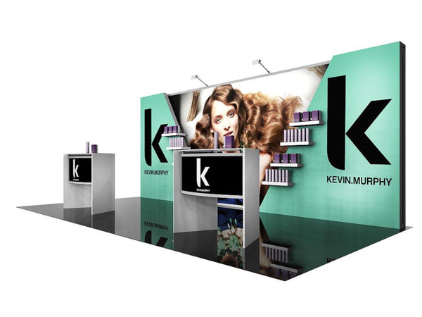 Teal black branded 10x20 eco-modular backlit shelving exhibit kit 07 with k logo