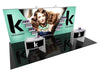Teal and black 10x20 Eco-Modular backlit shelving exhibit with model and products