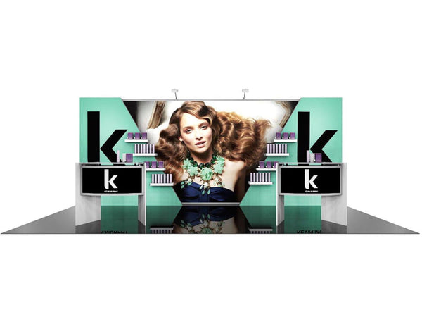 Teal and black Eco-Modular Backlit Shelving Exhibit Kit 07 booth with model image