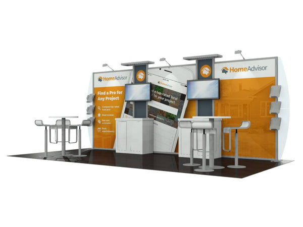 Modern orange white HomeAdvisor booth with metallic tables screens