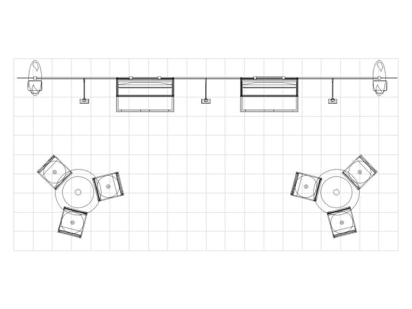 Black-and-white floor plan of 10x20 Eco-Modular TV Exhibit Kit 22 with dual dining areas