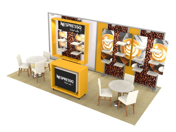 Yellow Nespresso booth with coffee bean and latte art graphics in 10x20 kit