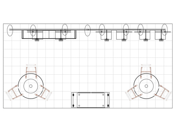 Black line drawing of 10x20 Eco-Modular Shelving Exhibit Kit dining room layout on graph paper