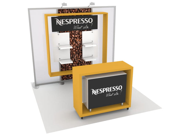 Yellow and black Nespresso exhibit with coffee beans and shelves in 10x20 kit