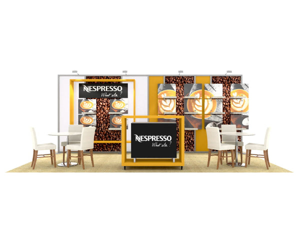 Yellow-framed Nespresso booth with logo, slogan, and latte art panels