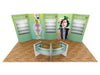 Green swatch exhibit with curved glass counter and printed imagery in 10x20 Eco-Modular kit