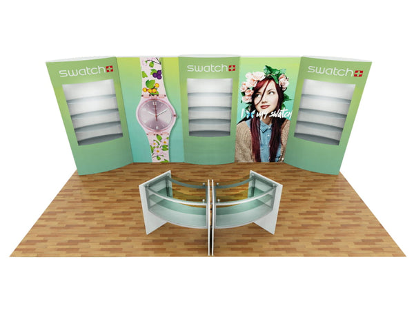 Green swatch exhibit with curved glass counter and printed imagery in 10x20 Eco-Modular kit