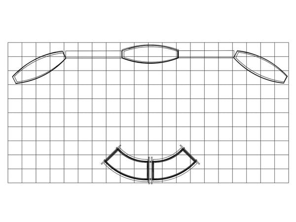 Black line drawing of kitchen layout on grid paper for 10x20 Eco-Modular exhibit