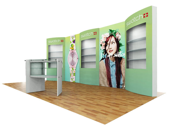 Green swatch display with ads and shelving in 10x20 Eco-Modular Backlit Kit