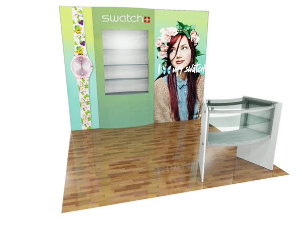 Swatch floral watch display on eco-modular backlit shelving kit