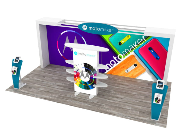 White modular display stand with circular shelves and Motorola branding in 10x20 Eco-Modular Backlit Exhibit Kit 09