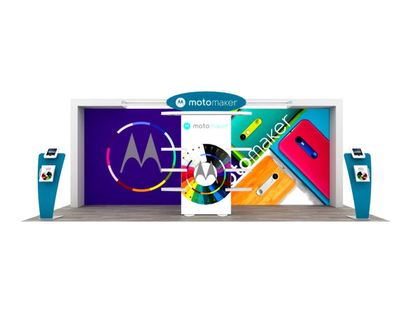 Motorola Moto Maker kiosk with colorful phone displays in 10x20 Eco-Modular Backlit Exhibit Kit