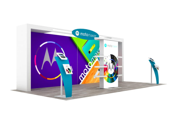 Motorola MotoMaker kiosk in blue and white on 10x20 Eco-Modular Backlit Exhibit