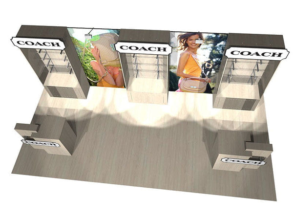 Coach 10x20 Eco-Modular Backlit Shelving Exhibit Kit with gray white units