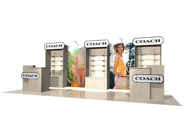 Coach 10x20 Eco-Modular Backlit Booth with Beige Shelving and Handbag Display