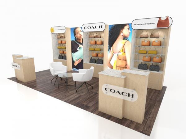 Coach handbag display with tan, brown, black leather bags on 10x20 eco-modular backlit shelves