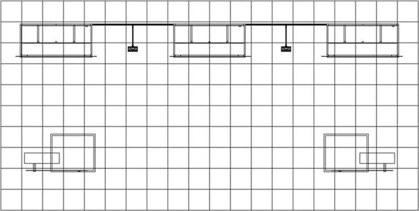 Black line drawing of 10x20 Eco-Modular Backlit Shelving Exhibit grid with 3 cases and 2 tables