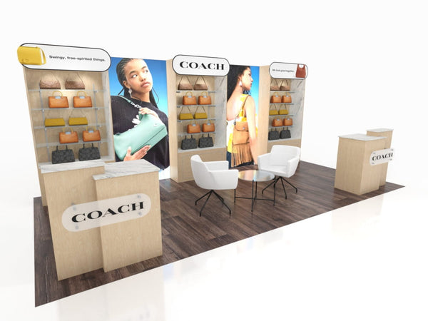 Coach handbags on 10x20 Eco-Modular Backlit Shelving Exhibit