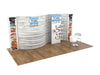 White wooden Toms booth with curved walls and shoe shelves in 10x20 kit