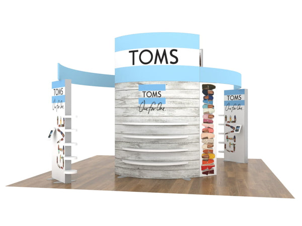 Light blue white wooden Toms shoe display booth with colorful shelves