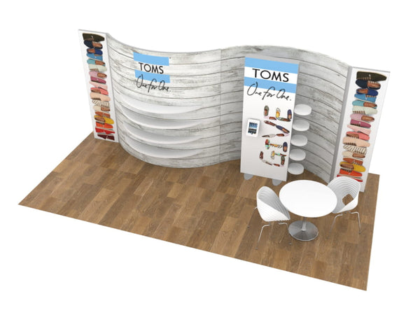 White curved display wall with Toms branding and shoe racks in 10x20 Eco-Modular Shelving Exhibit Kit